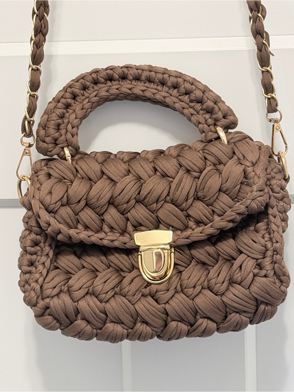 Hand Crafted Brown Woven Knit Mini Top-Handle Bag with Gold Hardware